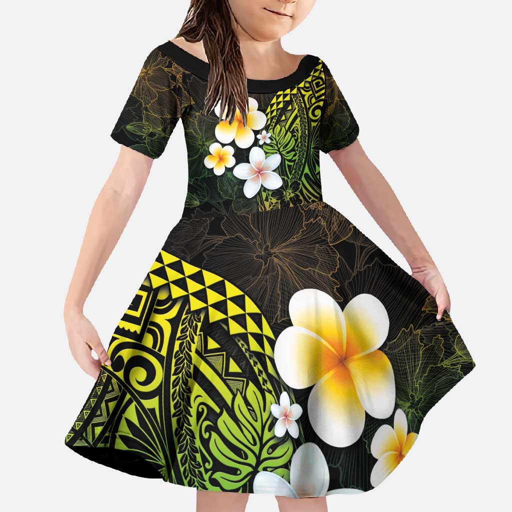 Hawaiian Hibiscus and Plumeria Polynesian Tribal Tattoo Family Matching Short Sleeve Bodycon Dress and Hawaiian Shirt Reggae Color LT03 Daughter's Dress Reggae - Polynesian Pride