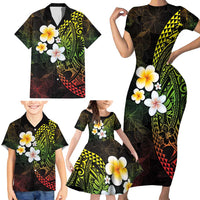 Hawaiian Hibiscus and Plumeria Polynesian Tribal Tattoo Family Matching Short Sleeve Bodycon Dress and Hawaiian Shirt Reggae Color LT03 - Polynesian Pride