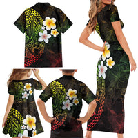 Hawaiian Hibiscus and Plumeria Polynesian Tribal Tattoo Family Matching Short Sleeve Bodycon Dress and Hawaiian Shirt Reggae Color LT03 - Polynesian Pride