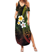 Hawaiian Hibiscus and Plumeria Polynesian Tribal Tattoo Family Matching Summer Maxi Dress and Hawaiian Shirt Reggae Color LT03 Mom's Dress Reggae - Polynesian Pride