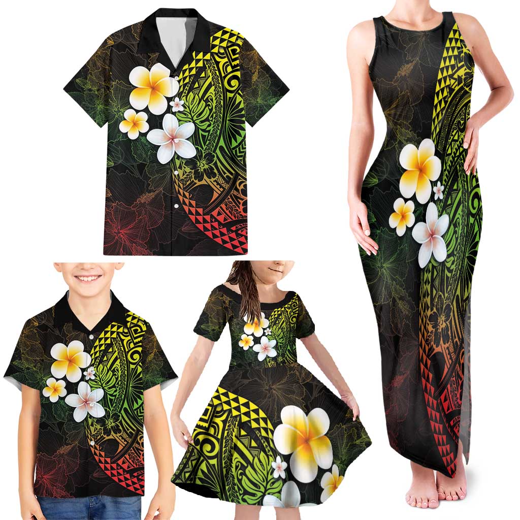Hawaiian Hibiscus and Plumeria Polynesian Tribal Tattoo Family Matching Tank Maxi Dress and Hawaiian Shirt Reggae Color LT03 - Polynesian Pride