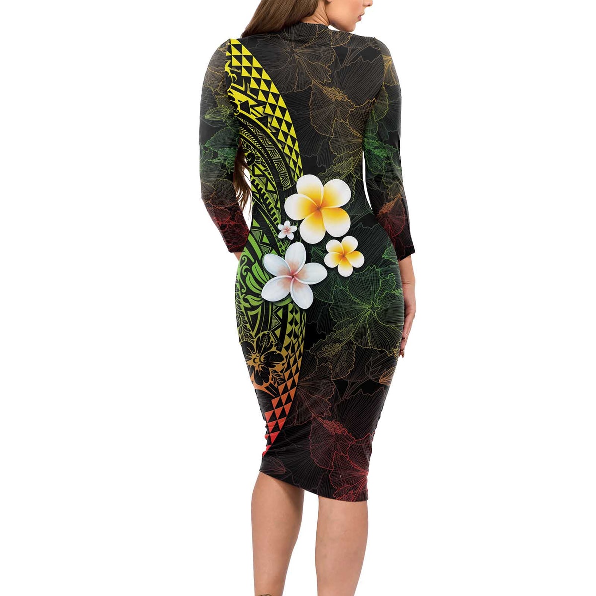 Hawaiian Hibiscus and Plumeria Polynesian Tribal Tattoo Long Sleeve Bodycon Dress Reggae Color LT03 - Polynesian Pride