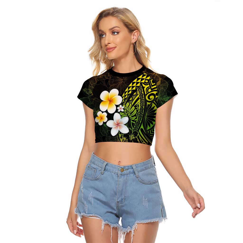 Hawaiian Hibiscus and Plumeria Polynesian Tribal Tattoo Raglan Cropped T Shirt Reggae Color
