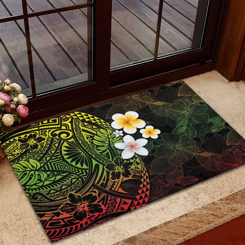 Hawaiian Hibiscus and Plumeria Polynesian Tribal Tattoo Rubber Doormat Reggae Color