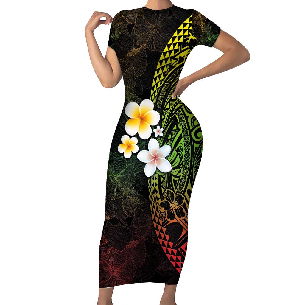 Hawaiian Hibiscus and Plumeria Polynesian Tribal Tattoo Short Sleeve Bodycon Dress Reggae Color LT03 Long Dress Reggae - Polynesian Pride