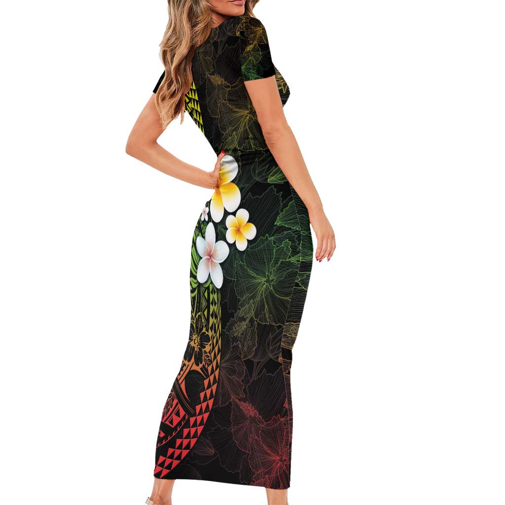 Hawaiian Hibiscus and Plumeria Polynesian Tribal Tattoo Short Sleeve Bodycon Dress Reggae Color LT03 - Polynesian Pride