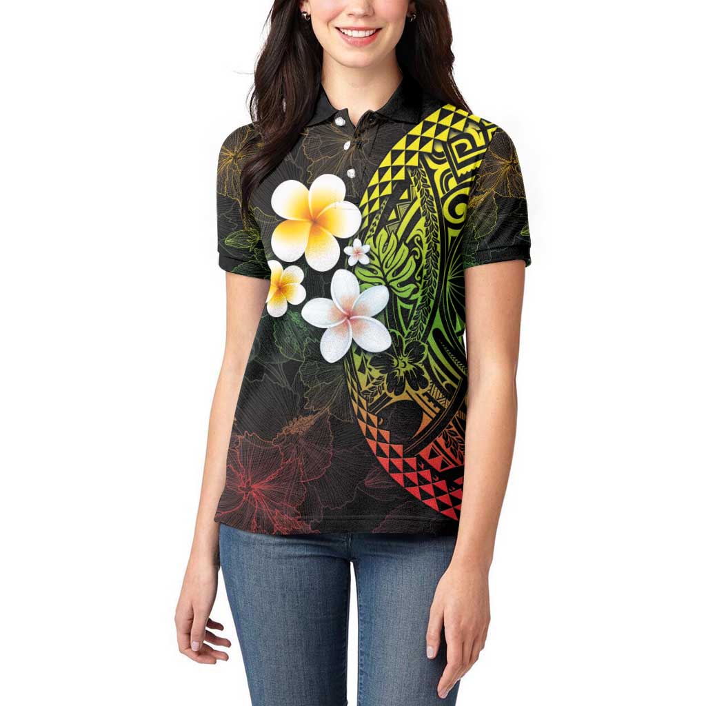 Hawaiian Hibiscus and Plumeria Polynesian Tribal Tattoo Women Polo Shirt Reggae Color LT03 - Polynesian Pride