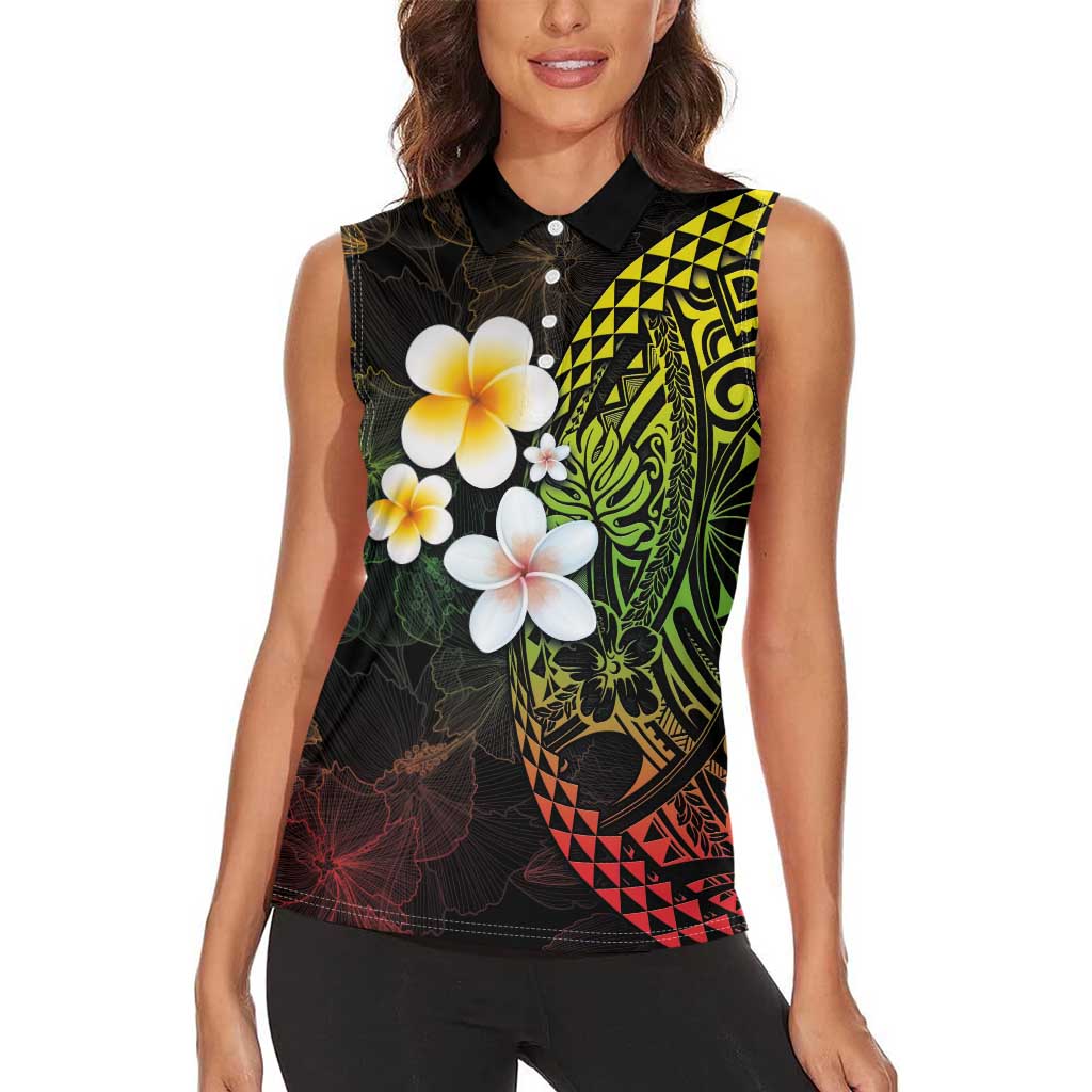 Hawaiian Hibiscus and Plumeria Polynesian Tribal Tattoo Women Sleeveless Polo Shirt Reggae Color