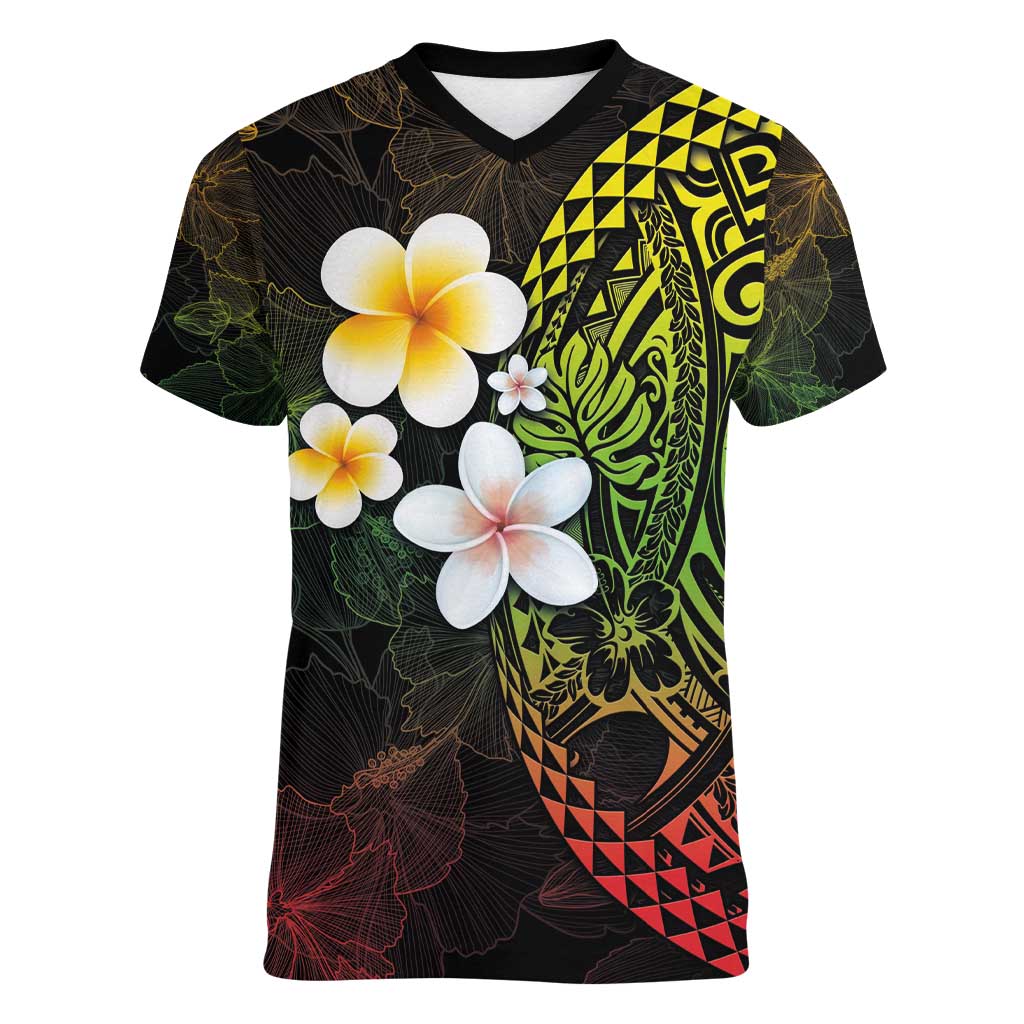 Hawaiian Hibiscus and Plumeria Polynesian Tribal Tattoo Women V-Neck T-Shirt Reggae Color
