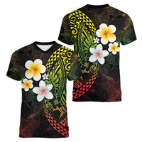 Hawaiian Hibiscus and Plumeria Polynesian Tribal Tattoo Women V-Neck T-Shirt Reggae Color