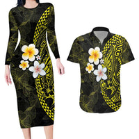 Hawaiian Hibiscus and Plumeria Polynesian Tribal Tattoo Couples Matching Long Sleeve Bodycon Dress and Hawaiian Shirt Yellow Color LT03 Yellow - Polynesian Pride