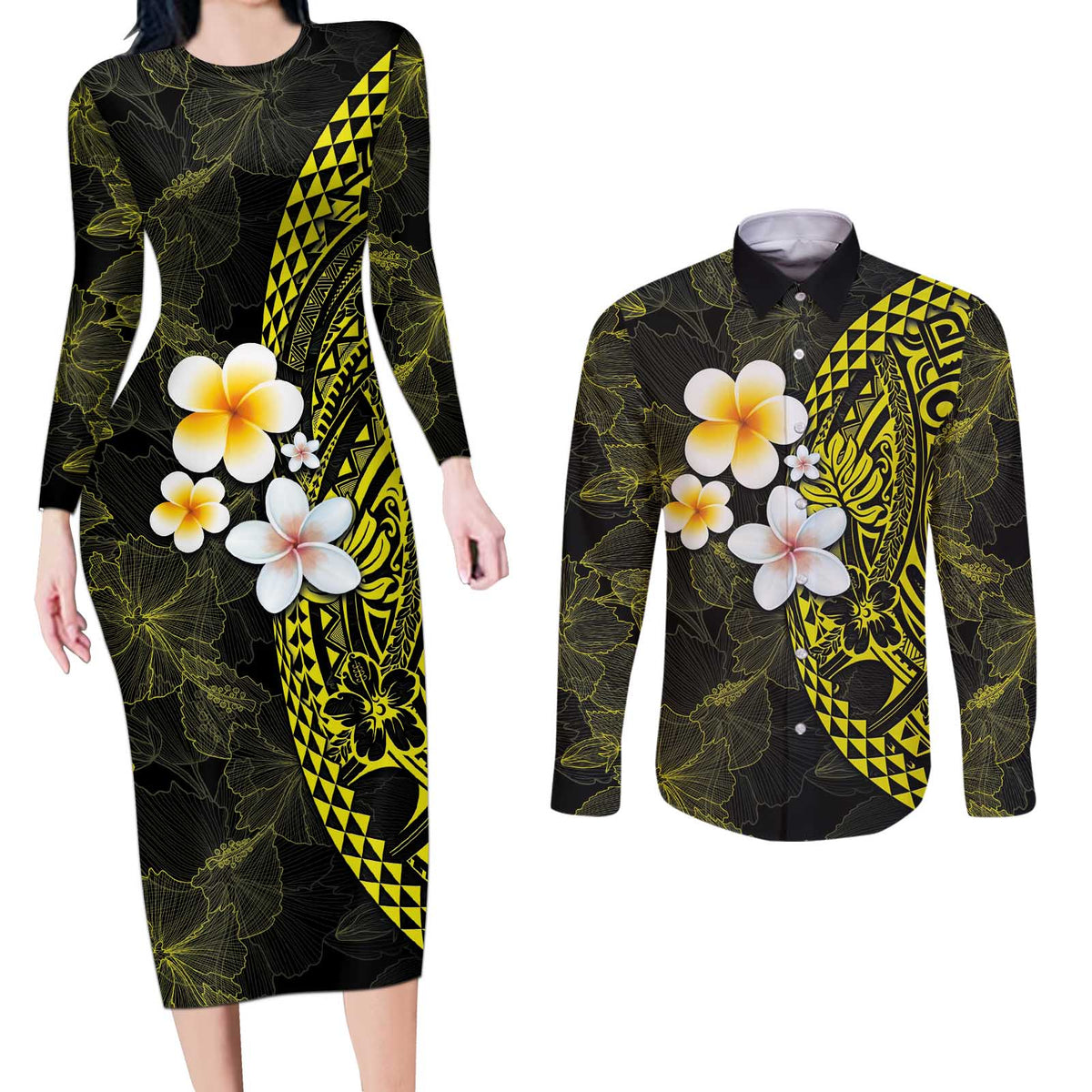 Hawaiian Hibiscus and Plumeria Polynesian Tribal Tattoo Couples Matching Long Sleeve Bodycon Dress and Long Sleeve Button Shirt Yellow Color LT03 Yellow - Polynesian Pride