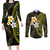 Hawaiian Hibiscus and Plumeria Polynesian Tribal Tattoo Couples Matching Long Sleeve Bodycon Dress and Long Sleeve Button Shirt Yellow Color LT03 Yellow - Polynesian Pride