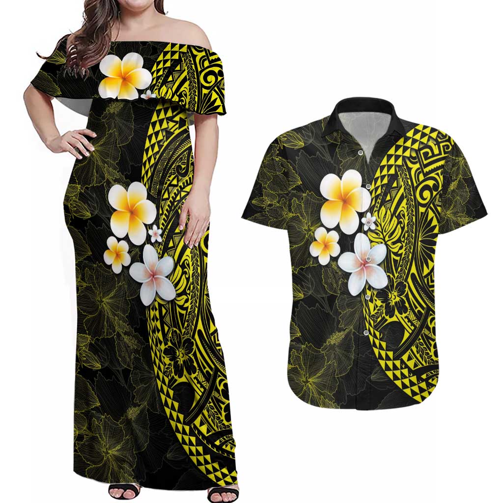 Hawaiian Hibiscus and Plumeria Polynesian Tribal Tattoo Couples Matching Off Shoulder Maxi Dress and Hawaiian Shirt Yellow Color LT03 Yellow - Polynesian Pride
