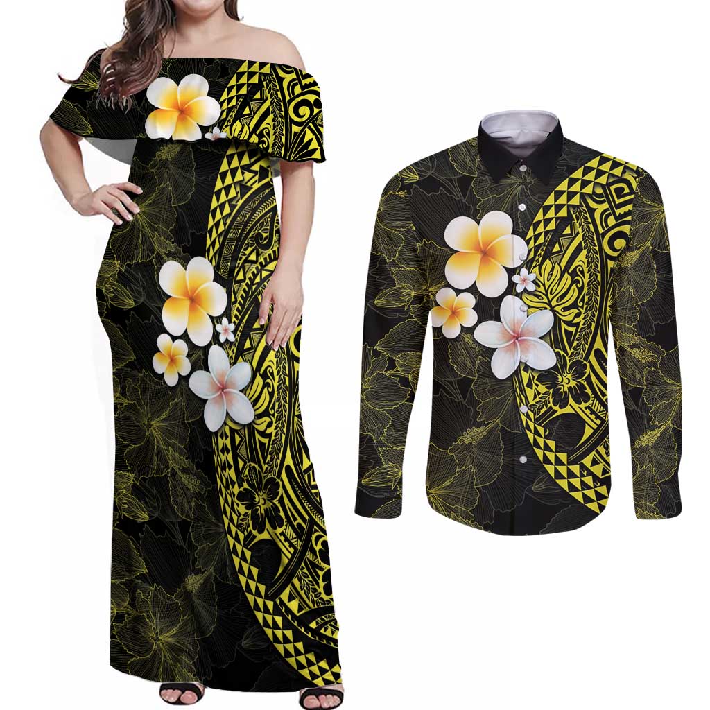 Hawaiian Hibiscus and Plumeria Polynesian Tribal Tattoo Couples Matching Off Shoulder Maxi Dress and Long Sleeve Button Shirt Yellow Color LT03 Yellow - Polynesian Pride
