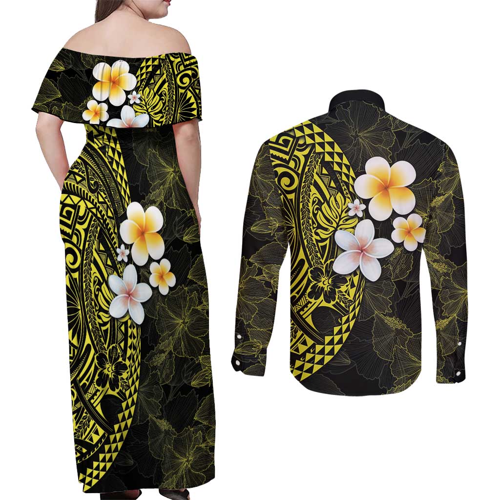 Hawaiian Hibiscus and Plumeria Polynesian Tribal Tattoo Couples Matching Off Shoulder Maxi Dress and Long Sleeve Button Shirt Yellow Color LT03 - Polynesian Pride