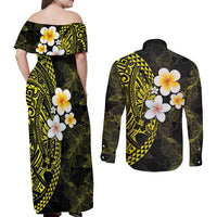 Hawaiian Hibiscus and Plumeria Polynesian Tribal Tattoo Couples Matching Off Shoulder Maxi Dress and Long Sleeve Button Shirt Yellow Color LT03 - Polynesian Pride