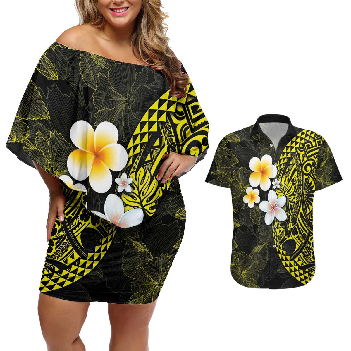 Hawaiian Hibiscus and Plumeria Polynesian Tribal Tattoo Couples Matching Off Shoulder Short Dress and Hawaiian Shirt Yellow Color LT03 Yellow - Polynesian Pride
