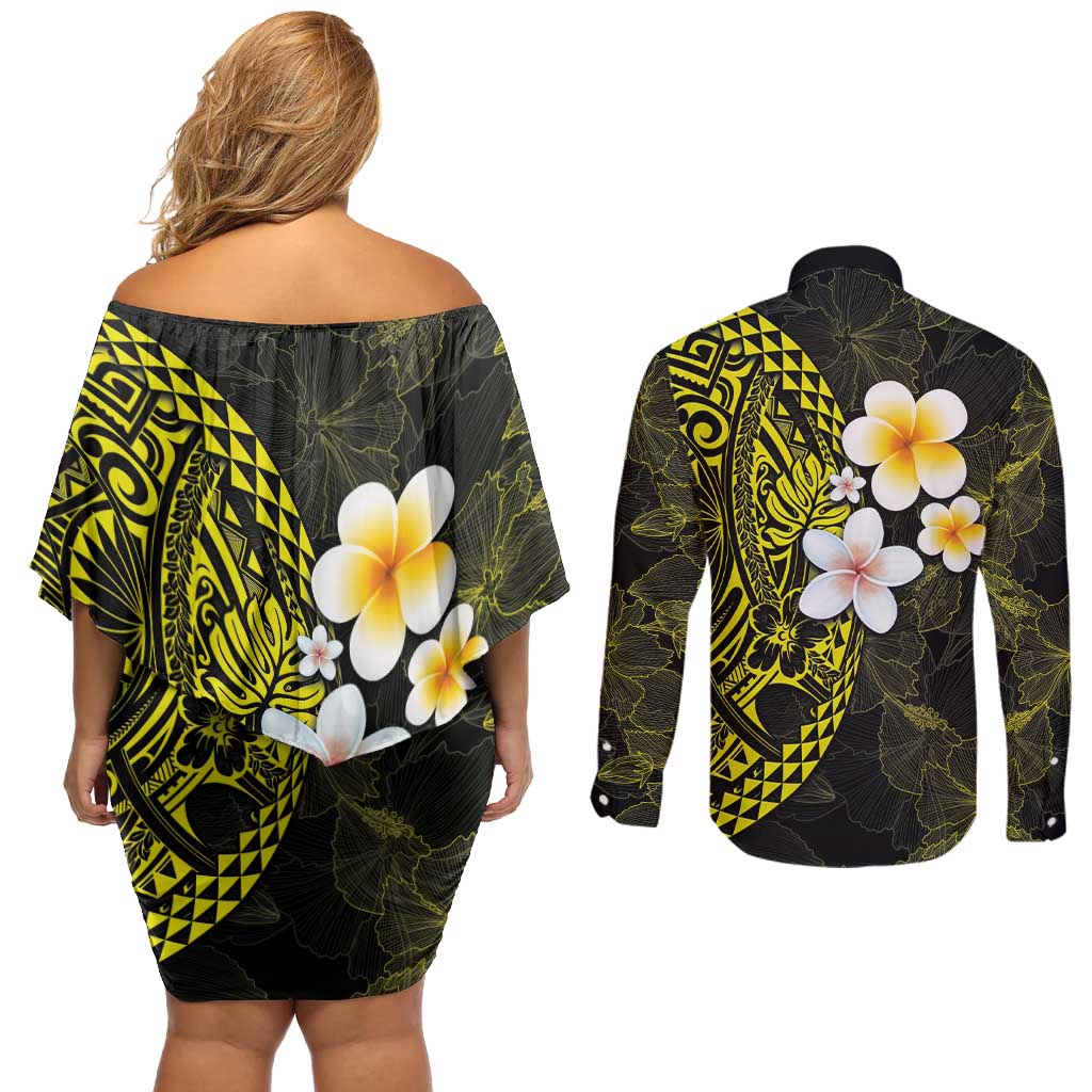 Hawaiian Hibiscus and Plumeria Polynesian Tribal Tattoo Couples Matching Off Shoulder Short Dress and Long Sleeve Button Shirt Yellow Color LT03 - Polynesian Pride