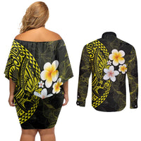 Hawaiian Hibiscus and Plumeria Polynesian Tribal Tattoo Couples Matching Off Shoulder Short Dress and Long Sleeve Button Shirt Yellow Color LT03 - Polynesian Pride