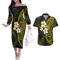 Hawaiian Hibiscus and Plumeria Polynesian Tribal Tattoo Couples Matching Off The Shoulder Long Sleeve Dress and Hawaiian Shirt Yellow Color LT03 Yellow - Polynesian Pride
