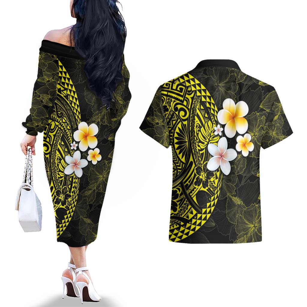 Hawaiian Hibiscus and Plumeria Polynesian Tribal Tattoo Couples Matching Off The Shoulder Long Sleeve Dress and Hawaiian Shirt Yellow Color LT03 - Polynesian Pride