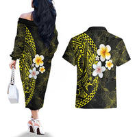 Hawaiian Hibiscus and Plumeria Polynesian Tribal Tattoo Couples Matching Off The Shoulder Long Sleeve Dress and Hawaiian Shirt Yellow Color LT03 - Polynesian Pride