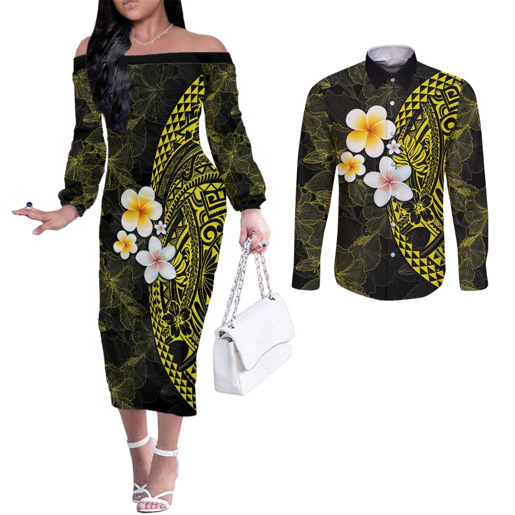 Hawaiian Hibiscus and Plumeria Polynesian Tribal Tattoo Couples Matching Off The Shoulder Long Sleeve Dress and Long Sleeve Button Shirt Yellow Color LT03 Yellow - Polynesian Pride