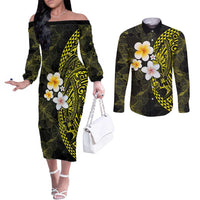Hawaiian Hibiscus and Plumeria Polynesian Tribal Tattoo Couples Matching Off The Shoulder Long Sleeve Dress and Long Sleeve Button Shirt Yellow Color LT03 Yellow - Polynesian Pride