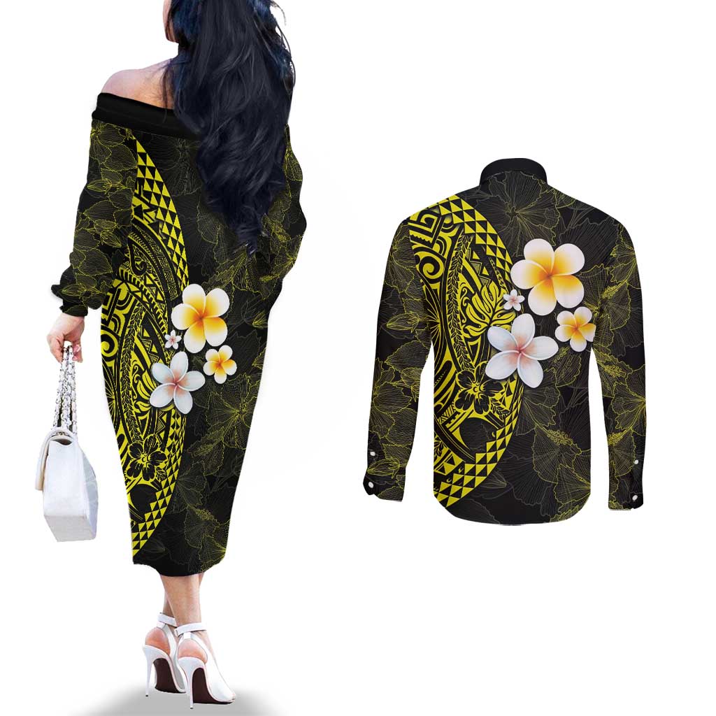 Hawaiian Hibiscus and Plumeria Polynesian Tribal Tattoo Couples Matching Off The Shoulder Long Sleeve Dress and Long Sleeve Button Shirt Yellow Color LT03 - Polynesian Pride