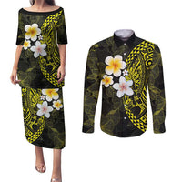 Hawaiian Hibiscus and Plumeria Polynesian Tribal Tattoo Couples Matching Puletasi and Long Sleeve Button Shirt Yellow Color LT03 Yellow - Polynesian Pride