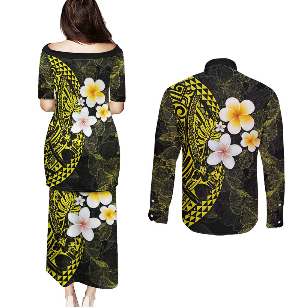 Hawaiian Hibiscus and Plumeria Polynesian Tribal Tattoo Couples Matching Puletasi and Long Sleeve Button Shirt Yellow Color LT03 - Polynesian Pride