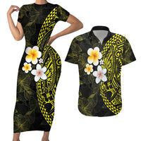 Hawaiian Hibiscus and Plumeria Polynesian Tribal Tattoo Couples Matching Short Sleeve Bodycon Dress and Hawaiian Shirt Yellow Color LT03 Yellow - Polynesian Pride