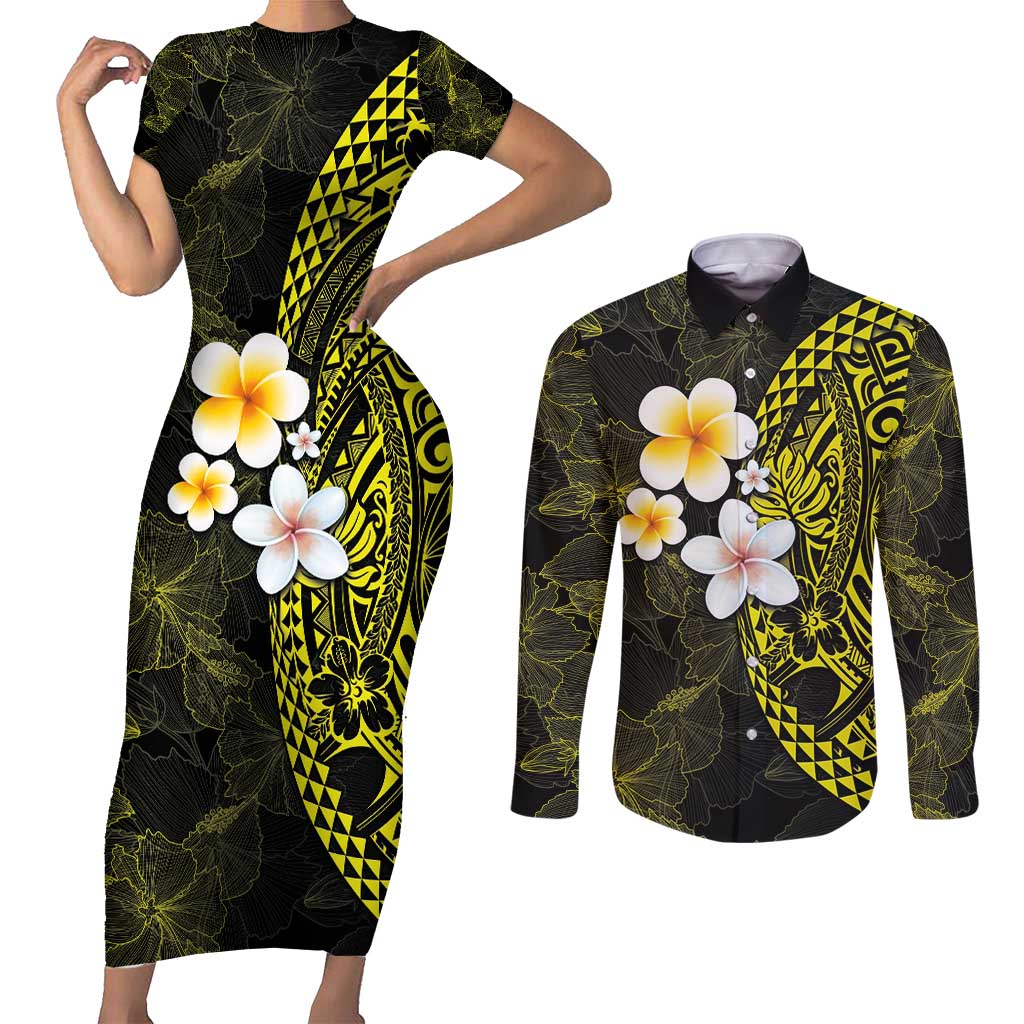 Hawaiian Hibiscus and Plumeria Polynesian Tribal Tattoo Couples Matching Short Sleeve Bodycon Dress and Long Sleeve Button Shirt Yellow Color LT03 Yellow - Polynesian Pride