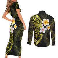 Hawaiian Hibiscus and Plumeria Polynesian Tribal Tattoo Couples Matching Short Sleeve Bodycon Dress and Long Sleeve Button Shirt Yellow Color LT03 - Polynesian Pride