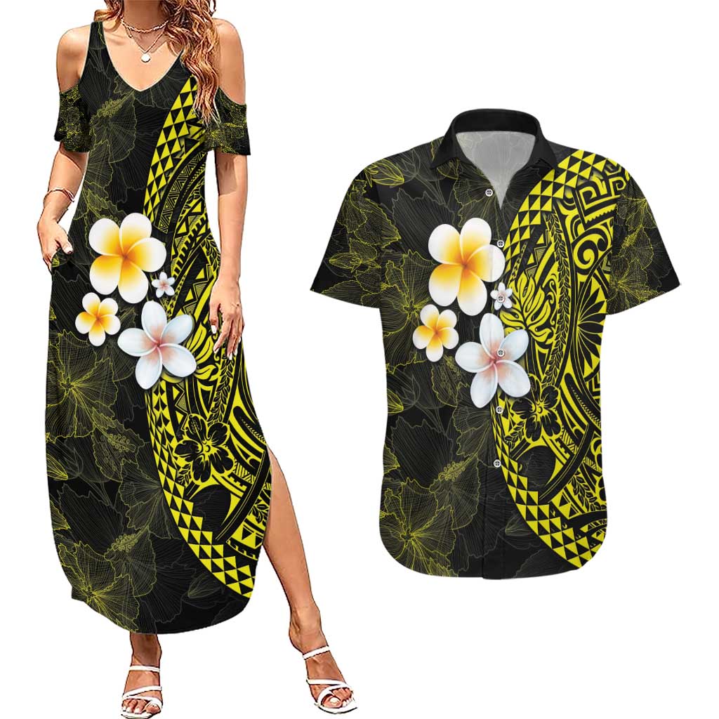Hawaiian Hibiscus and Plumeria Polynesian Tribal Tattoo Couples Matching Summer Maxi Dress and Hawaiian Shirt Yellow Color LT03 Yellow - Polynesian Pride