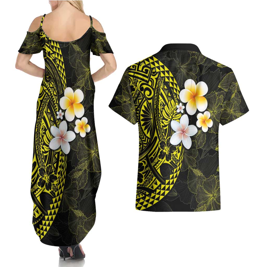 Hawaiian Hibiscus and Plumeria Polynesian Tribal Tattoo Couples Matching Summer Maxi Dress and Hawaiian Shirt Yellow Color LT03 - Polynesian Pride