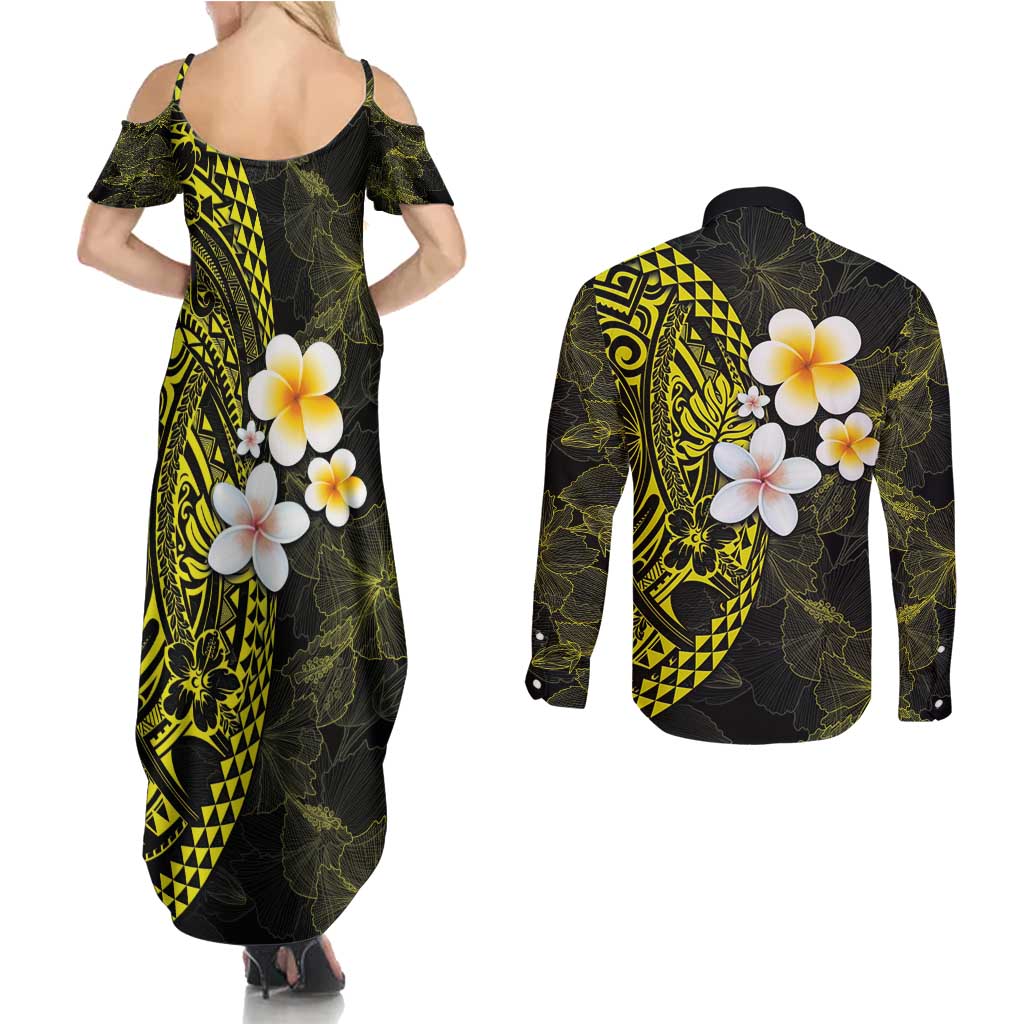 Hawaiian Hibiscus and Plumeria Polynesian Tribal Tattoo Couples Matching Summer Maxi Dress and Long Sleeve Button Shirt Yellow Color LT03 - Polynesian Pride