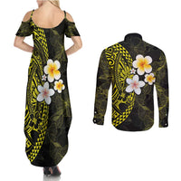 Hawaiian Hibiscus and Plumeria Polynesian Tribal Tattoo Couples Matching Summer Maxi Dress and Long Sleeve Button Shirt Yellow Color LT03 - Polynesian Pride