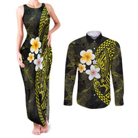 Hawaiian Hibiscus and Plumeria Polynesian Tribal Tattoo Couples Matching Tank Maxi Dress and Long Sleeve Button Shirt Yellow Color LT03 Yellow - Polynesian Pride