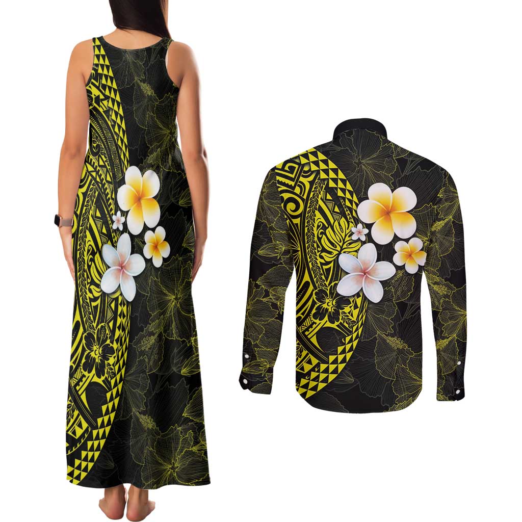 Hawaiian Hibiscus and Plumeria Polynesian Tribal Tattoo Couples Matching Tank Maxi Dress and Long Sleeve Button Shirt Yellow Color LT03 - Polynesian Pride