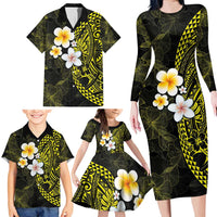 Hawaiian Hibiscus and Plumeria Polynesian Tribal Tattoo Family Matching Long Sleeve Bodycon Dress and Hawaiian Shirt Yellow Color LT03 - Polynesian Pride