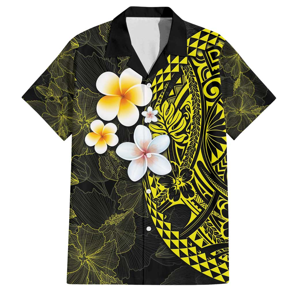 Hawaiian Hibiscus and Plumeria Polynesian Tribal Tattoo Family Matching Long Sleeve Bodycon Dress and Hawaiian Shirt Yellow Color LT03 Dad's Shirt - Short Sleeve Yellow - Polynesian Pride