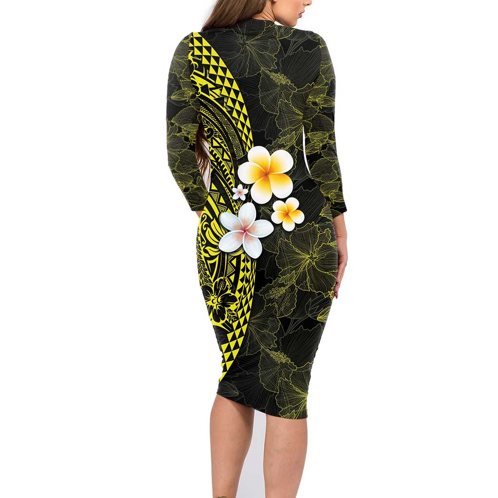 Hawaiian Hibiscus and Plumeria Polynesian Tribal Tattoo Family Matching Long Sleeve Bodycon Dress and Hawaiian Shirt Yellow Color LT03 - Polynesian Pride