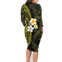 Hawaiian Hibiscus and Plumeria Polynesian Tribal Tattoo Family Matching Long Sleeve Bodycon Dress and Hawaiian Shirt Yellow Color LT03 - Polynesian Pride