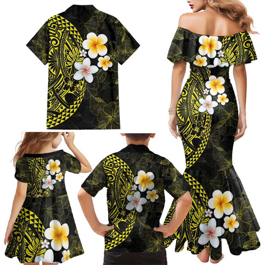 Hawaiian Hibiscus and Plumeria Polynesian Tribal Tattoo Family Matching Mermaid Dress and Hawaiian Shirt Yellow Color LT03 - Polynesian Pride