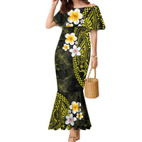 Hawaiian Hibiscus and Plumeria Polynesian Tribal Tattoo Family Matching Mermaid Dress and Hawaiian Shirt Yellow Color LT03 Mom's Dress Yellow - Polynesian Pride