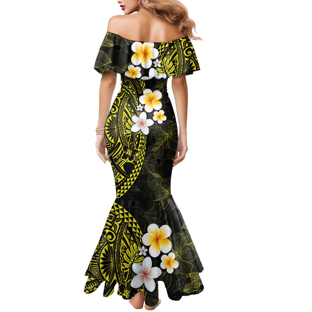 Hawaiian Hibiscus and Plumeria Polynesian Tribal Tattoo Family Matching Mermaid Dress and Hawaiian Shirt Yellow Color LT03 - Polynesian Pride