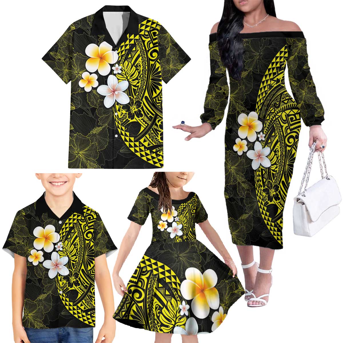 Hawaiian Hibiscus and Plumeria Polynesian Tribal Tattoo Family Matching Off The Shoulder Long Sleeve Dress and Hawaiian Shirt Yellow Color LT03 - Polynesian Pride
