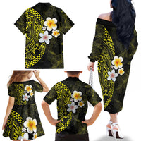 Hawaiian Hibiscus and Plumeria Polynesian Tribal Tattoo Family Matching Off The Shoulder Long Sleeve Dress and Hawaiian Shirt Yellow Color LT03 - Polynesian Pride